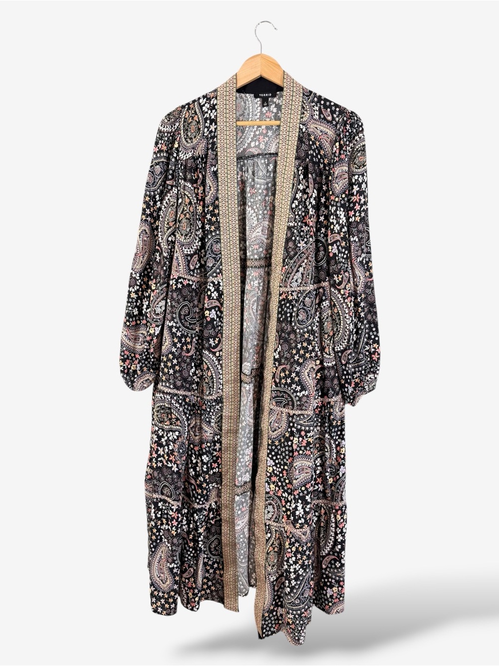 Torrid Size 2/2X Black Paisley Floral Maxi Kimono Duster Boho Open Front